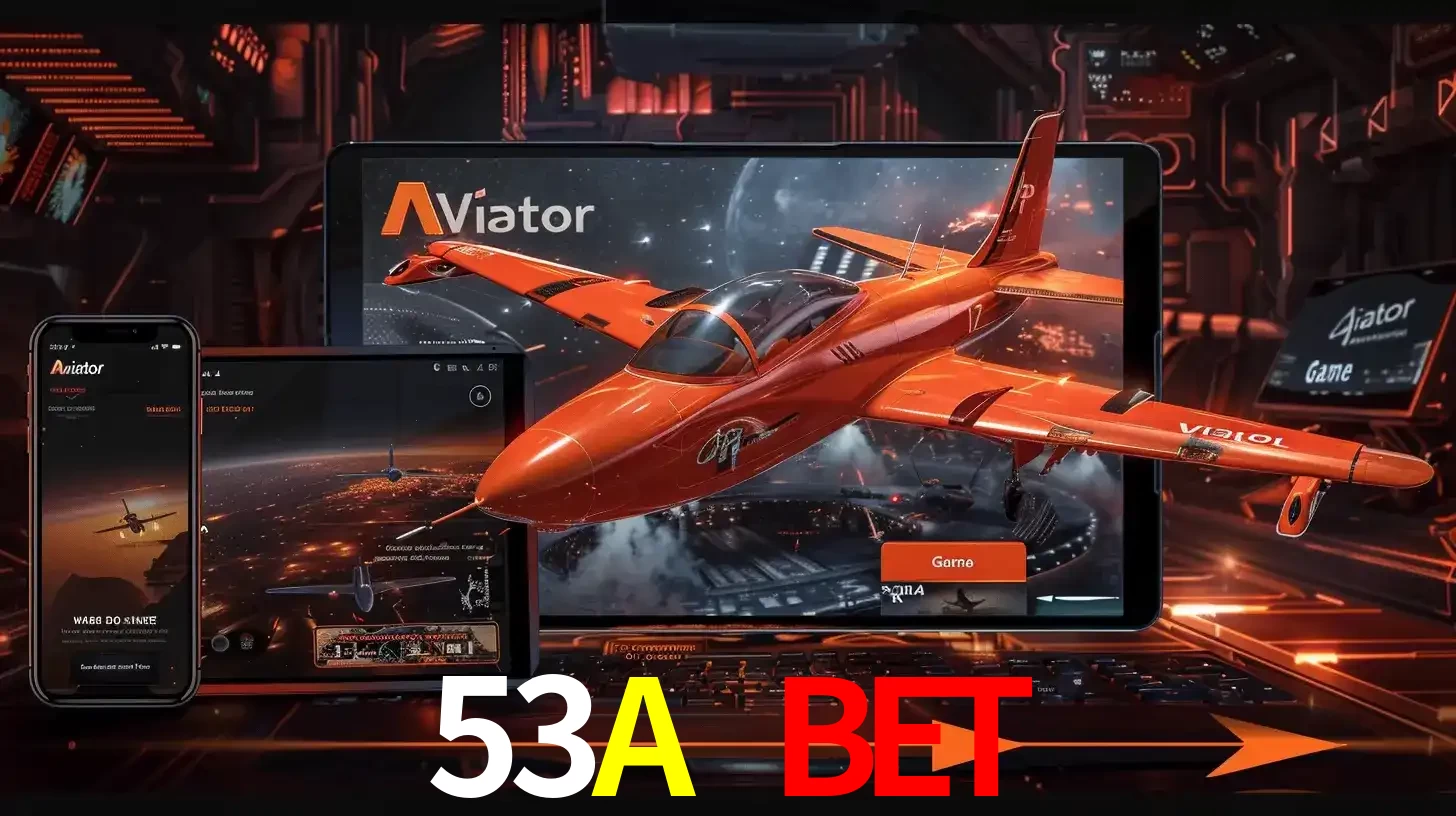 Apresentação tecnológica do jogo Aviator com um avião saindo da tela de um tablet, demonstrando a experiência imersiva em múltiplos dispositivos no 53A BET.