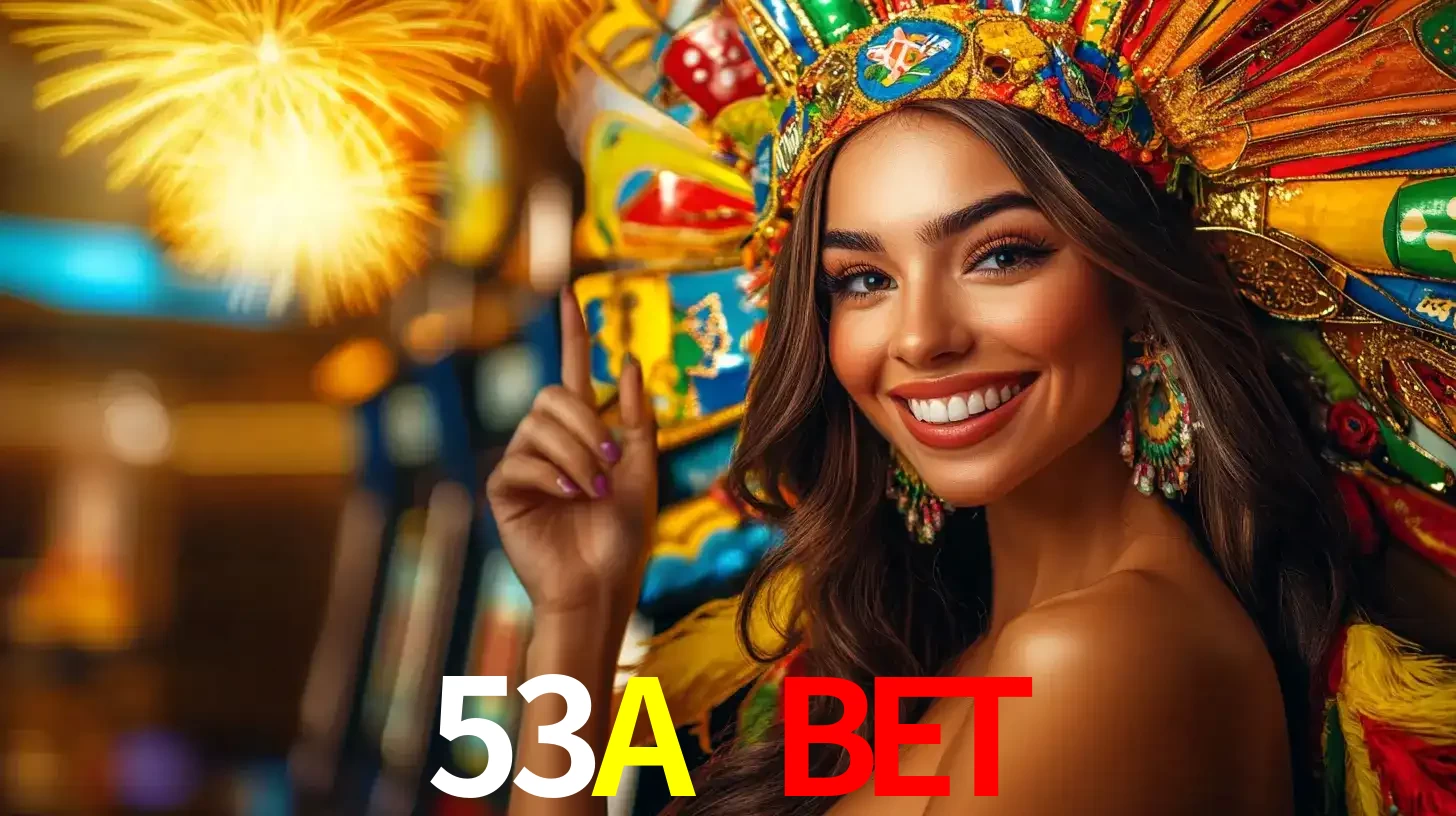 Mulher sorridente com um cocar de carnaval vibrante e colorido, celebrando uma grande vitória nos jogos do cassino 53A BET com fogos de artifício ao fundo.