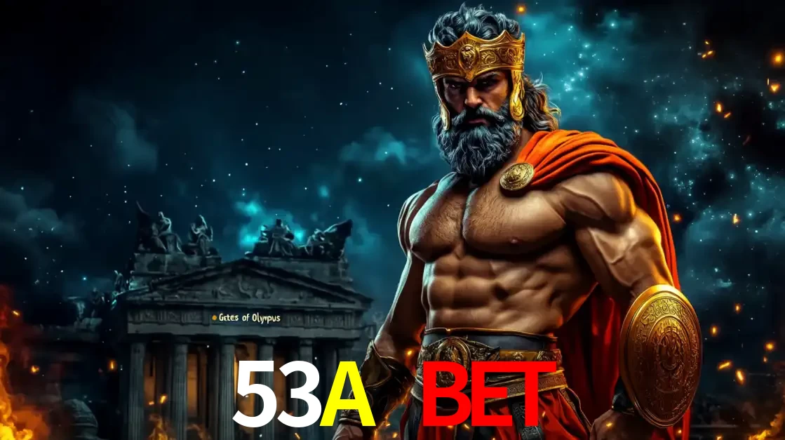 O poderoso Zeus do jogo de slot Gates of Olympus em frente ao seu templo, pronto para lançar multiplicadores divinos e prêmios épicos no cassino online 53A BET.