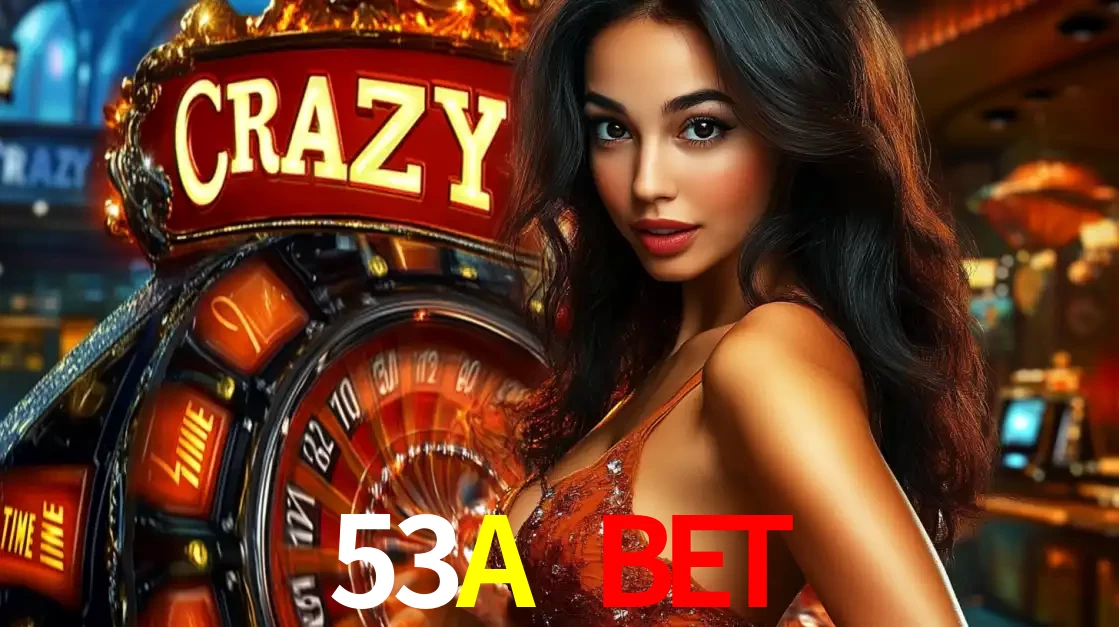 Mulher glamourosa olhando para a câmera com a roda vermelha do Crazy Time ao fundo em um ambiente de cassino, destacando a emoção dos jogos ao vivo no 53A BET.