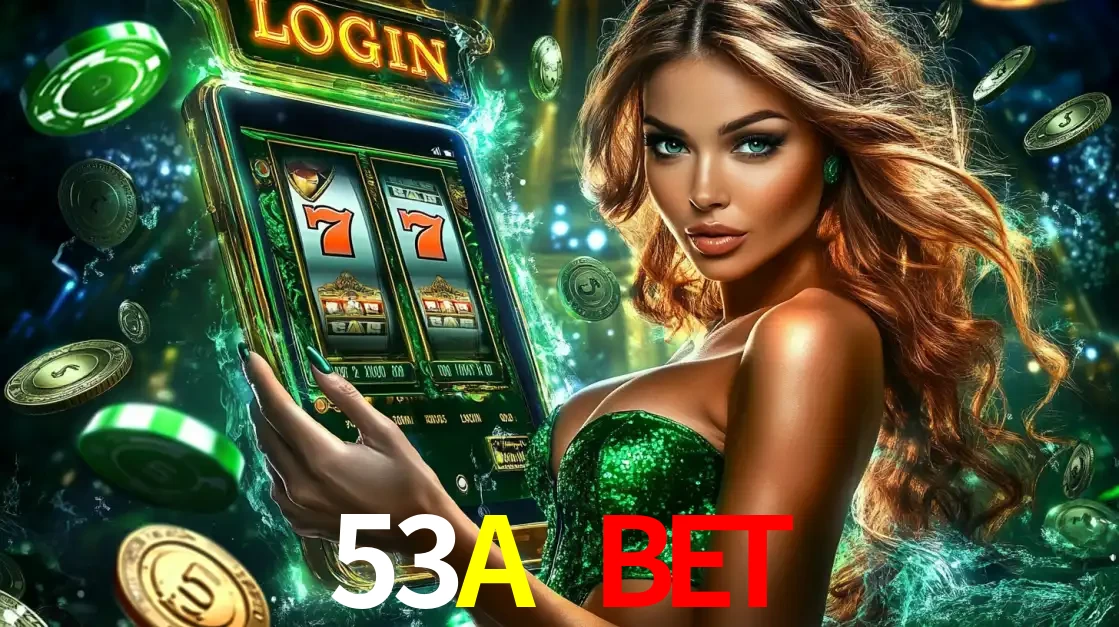 Mulher com tema verde apresentando o aplicativo do cassino 53A BET com um jogo de slot de 777, cercada por fichas de cassino e uma aura de sorte.
