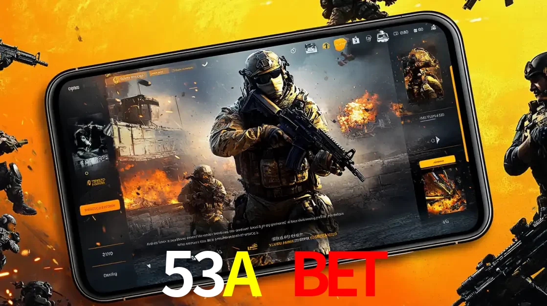 Um smartphone exibindo a interface de um jogo de tiro em primeira pessoa, com um soldado em um cenário de batalha, representando a ação dos e-sports para apostar no 53A BET.