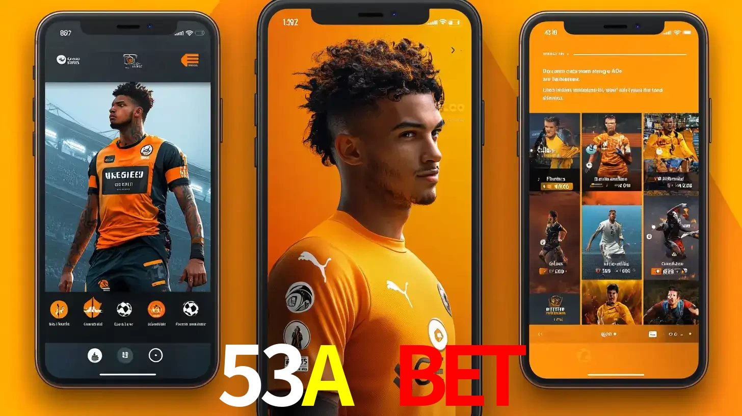 Interface do aplicativo de apostas esportivas 53A BET em três telas de celular, mostrando o perfil de um jogador de futebol e a lista de jogos disponíveis para apostar.