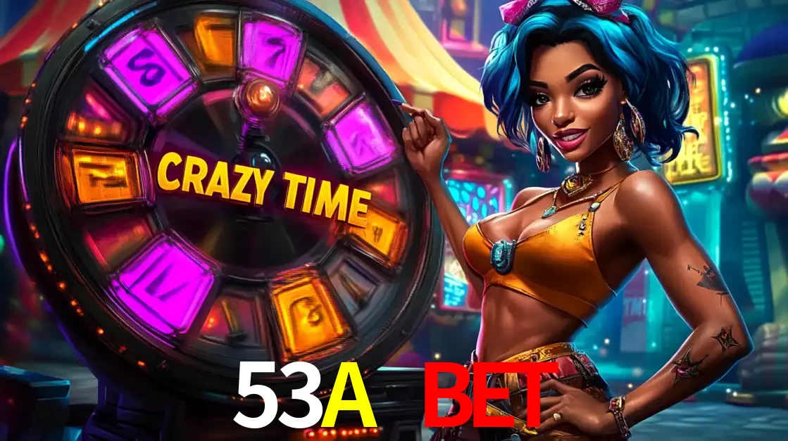 Mulher estilizada com cabelo azul e visual vibrante posando ao lado da roda de prêmios do game show Crazy Time, convidando para a diversão e os bônus do cassino 53A BET.