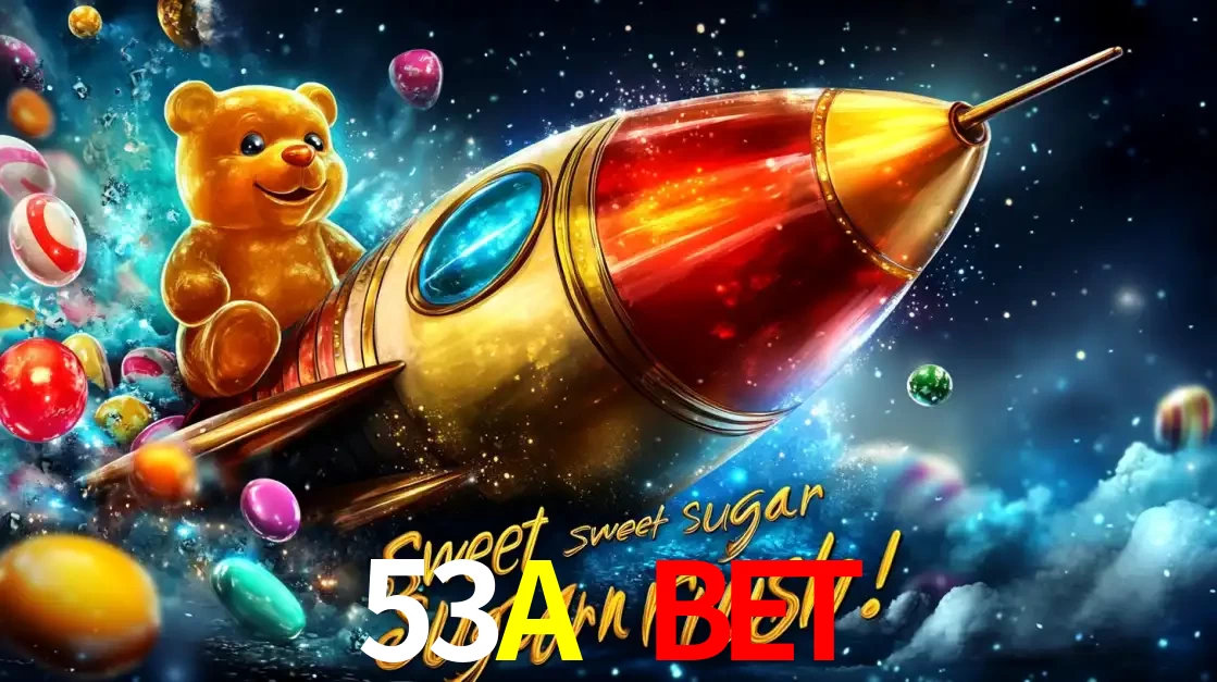 Arte promocional do jogo de slot Sugar Rush, com um urso de pelúcia em um foguete viajando pelo espaço de doces, um dos jogos divertidos disponíveis no cassino 53A BET.