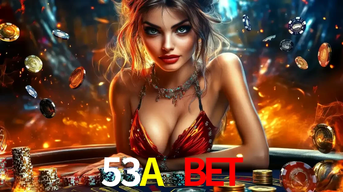 Mulher em uma mesa de cassino com pilhas de fichas e um fundo de fogo, pronta para uma rodada de altas apostas nos jogos de mesa emocionantes do cassino 53A BET.