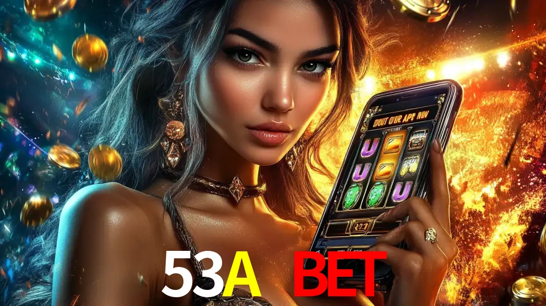 Mulher elegante mostrando um jogo de caça-níqueis em seu smartphone, destacando a experiência de cassino móvel oferecida pelo aplicativo 53A BET.