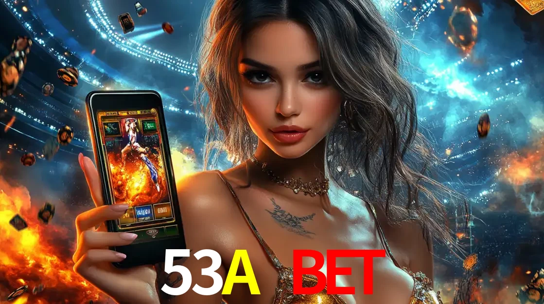 Mulher segurando um celular com um jogo de slot em destaque, tendo como fundo um estádio vibrante, simbolizando a emoção de jogar no cassino móvel 53A BET.
