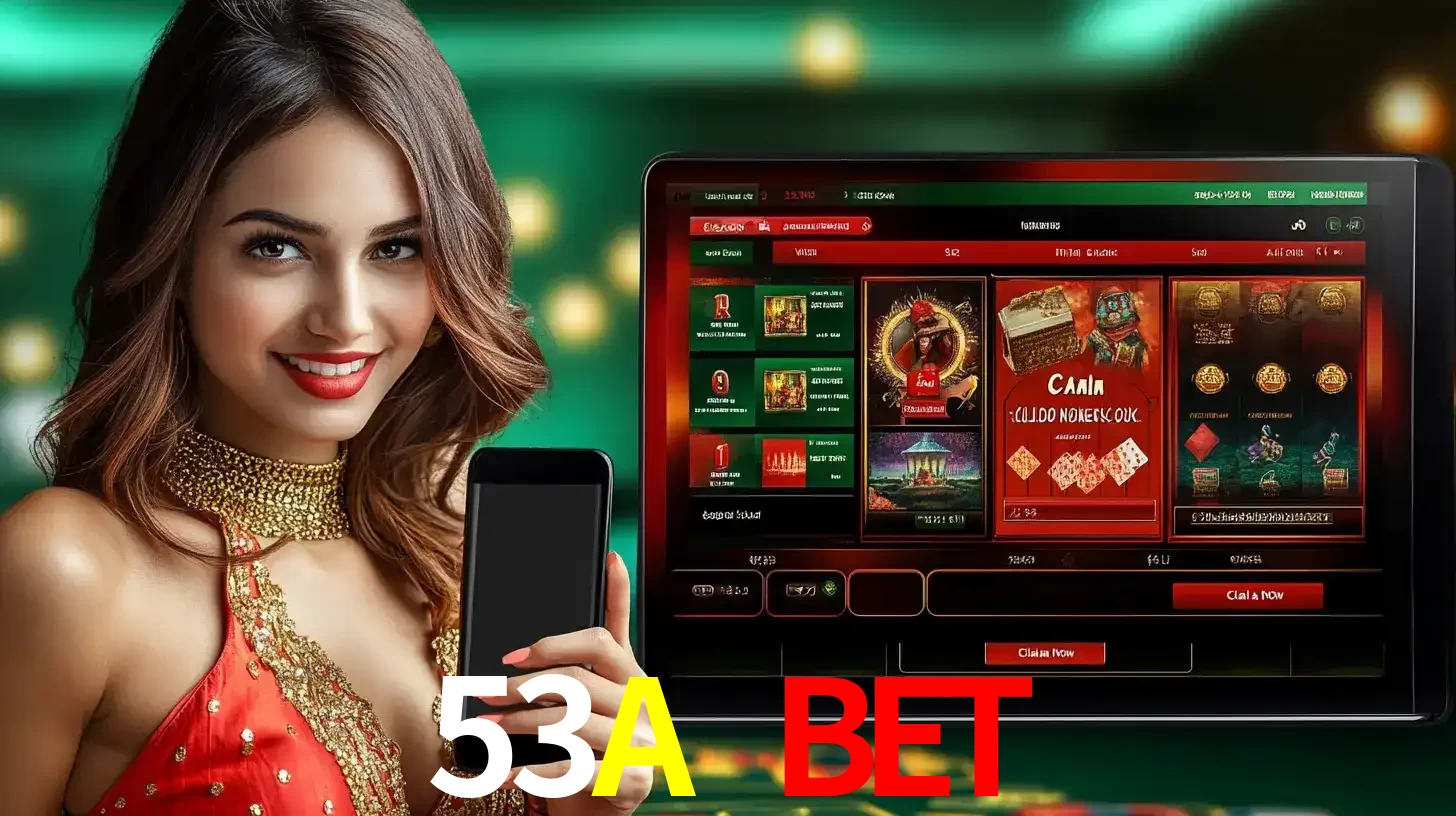 Mulher sorridente segurando um smartphone, ao lado de uma tela exibindo o lobby de jogos do cassino online 53A BET, com várias opções de jogos de cartas e slots.